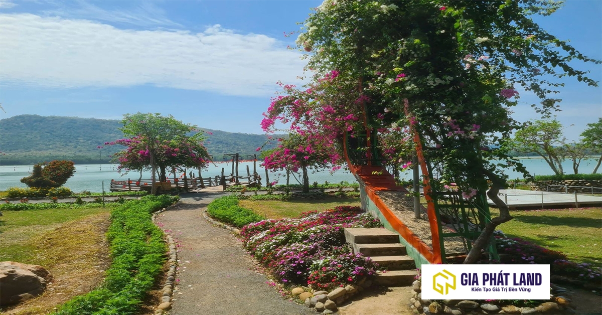 Toàn cảnh bất động sản nhà vườn ven hồ Dầu Tiếng xanh mát.