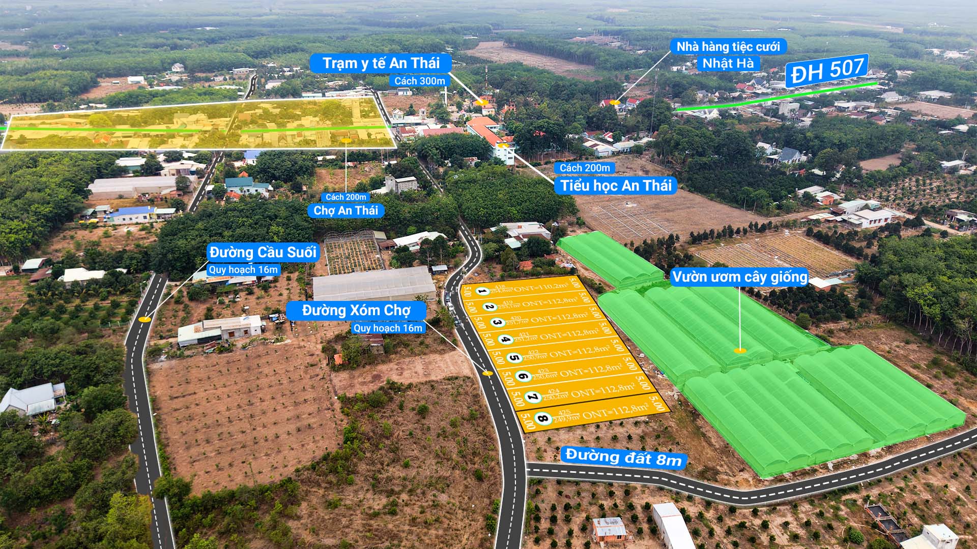 Sơ đồ phân lô 8 nền đất An Thái Phú Giáo giá 699 triệu gần Chợ và Trường học.
