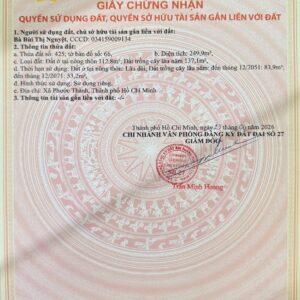 Mặt trước sổ hồng 8 lô đất nền An Thái Phú Giáo TP. HCM diện tích 249,9m2.