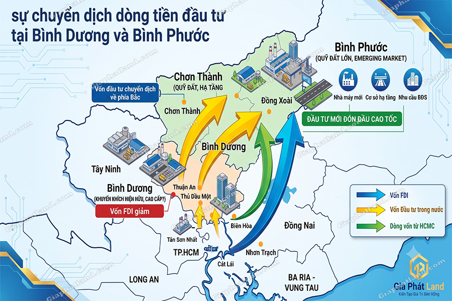 Bản đồ đồ họa chuyển dịch dòng tiền đầu tư tại Bình Dương và Bình Phước năm 2026